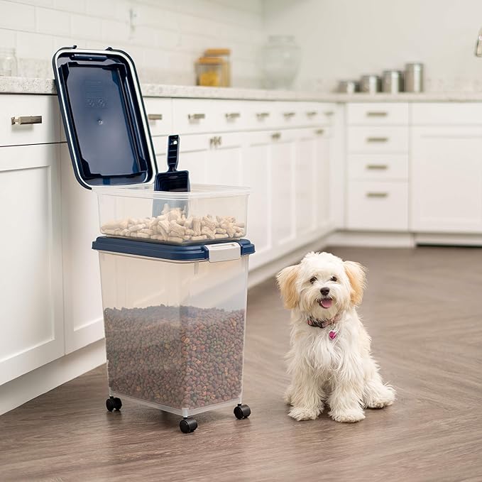 IRIS USA 30 lbs & 11 lbs Combo Airtight Dog Food Storage Container, Stackable Treat Box, 2-Cup Scoop, Wheels, Keep Fresh, Easy Mobility, Navy