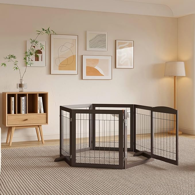 Folding Pet Gate 144" Wide, 30" Tall No-Assembly Wooden Dog Gate with Door Walk Through, Freestanding Wire Pet Gate, Pet Puppy Safety Fence, with 2PCS Support – Espresso