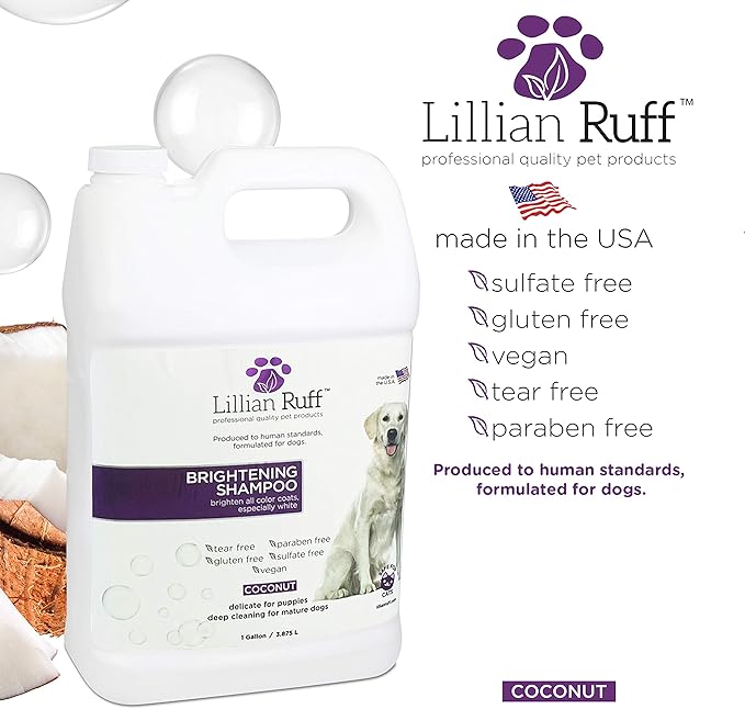 Lillian Ruff Ultra-Brightening Professional Whitening Shampoo for Dogs with Aloe & Coconut Oil for Dry Skin & Itch Relief - pH-Balanced Dog Whitening Shampoo Remove Stains, Yellowing, & Odor (Gallon)