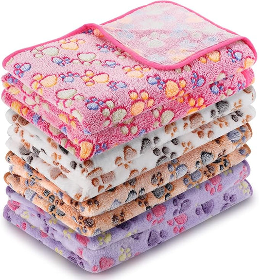 4 Pcs Pet Blanket Dog Puppy Blanket Paw Print Fleece Blanket for Small Medium Pet Dog Cat Warm Soft Sleep Mat Guinea Pig Cage Liners Blanket (White, Coffee, Pink, Purple,X-Large(40 x 63 Inch))