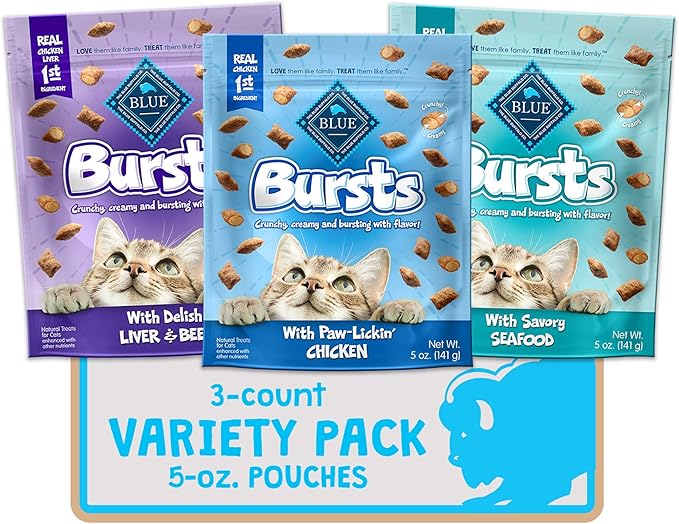 Blue Buffalo Bursts Crunchy Cat Treats Variety Pack, Chicken, Chicken Liver and Beef, and Seafood 5-oz Bags (3 count)