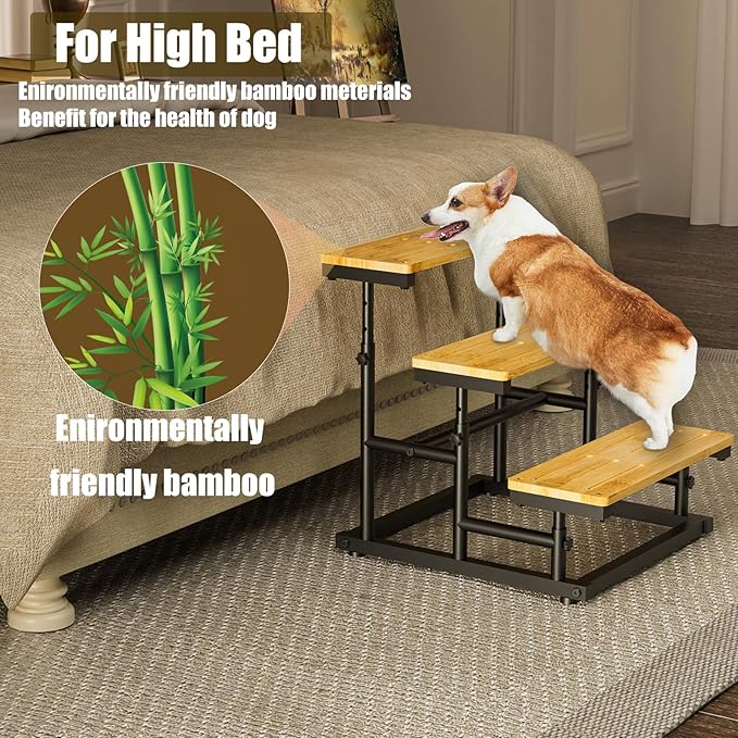 Adjustable Bamboo Dog Steps for Sofa, Chair, Car SUV, 3-Tier Pet Dog Stairs for High Bed & Couch,Deformable Height Steps Puppy Stairs, Loaded Up to 60Lbs for Small Medium Dog Cat