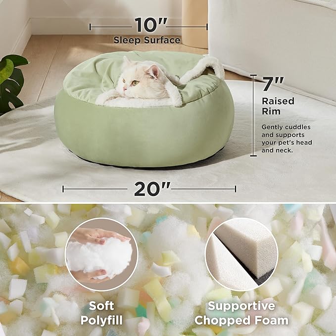 Lesure Cat Bed with Cover Cave - Covered Round Kitten Bed with Hooded Blanket, Machine Washable Burrow Pet Bed for Indoor Cats, Extra Small Cuddler Cozy Cave Puppy Bed with Anti-Slip Bottom, Green 20"