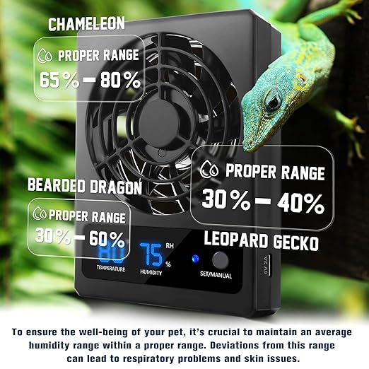 Reptile Ventilation Fan with Humidity Sensor and High-Temp Alarm, Fan Dehumidifier for Reptile Enclosure and Terrarium, Suitable for Humid Environments, Rainforest and Ecological Tanks