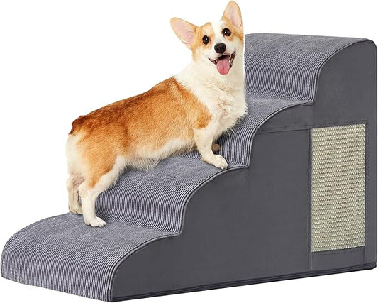 Dog Steps for Bed, Dog Stairs for Small Dogs, 4-Step Dog Ramp for Bed, Couch, Sofa, and Chairs, Non-Slip Bottom Design, Cat Scratching, High Density Foam Portable Pet Step, Indoor, Grey