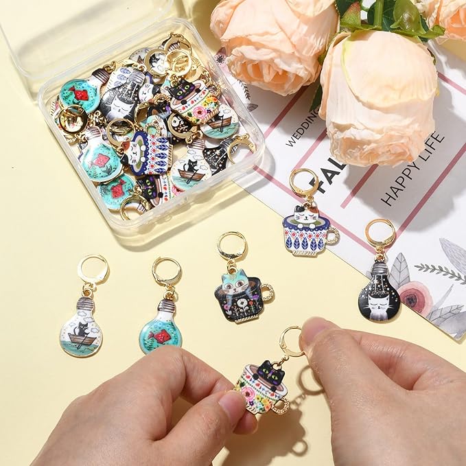 KitBeads 12 Sets 6 Styles Enamel Cat Stitch Markers Colorful Kitten Fish Charms Cute Cup Animal Stitch Marker Charms for Jewelry Making Bulk