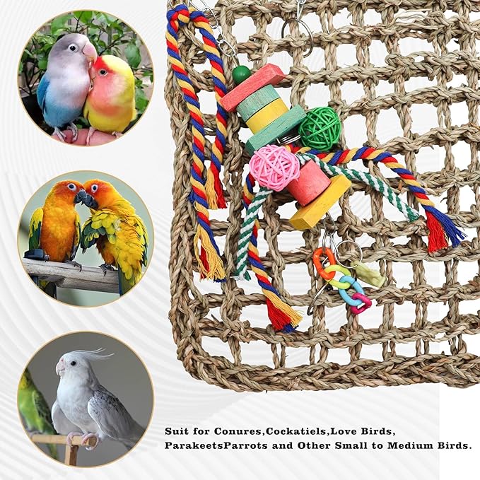 Large Bird Swing Toys, Colorful Parrot Seagrass Mat Hammock with Blocks, Bird Foraging Toy, Bird Cage Accessories, Suitable for Small to Medium Birds Parakeets Lovebirds Cockatiels 15.7 × 11.8 Inches