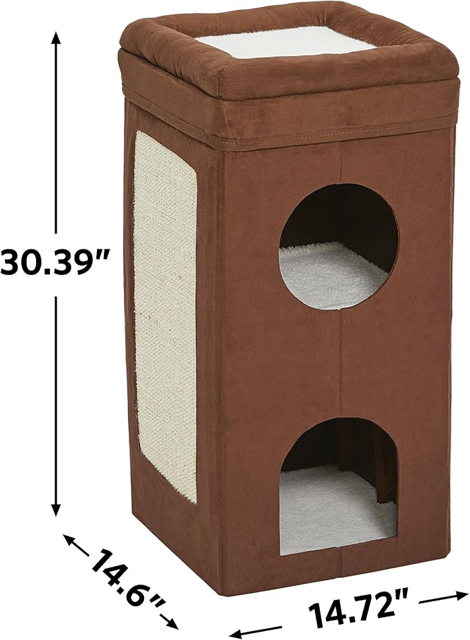 MidWest Homes for Pets Cat Condo | Tri-Level Design in Brown Faux Suede & Synthetic Sheepskin | 14.6L x 14.72W x 30.39H Inches