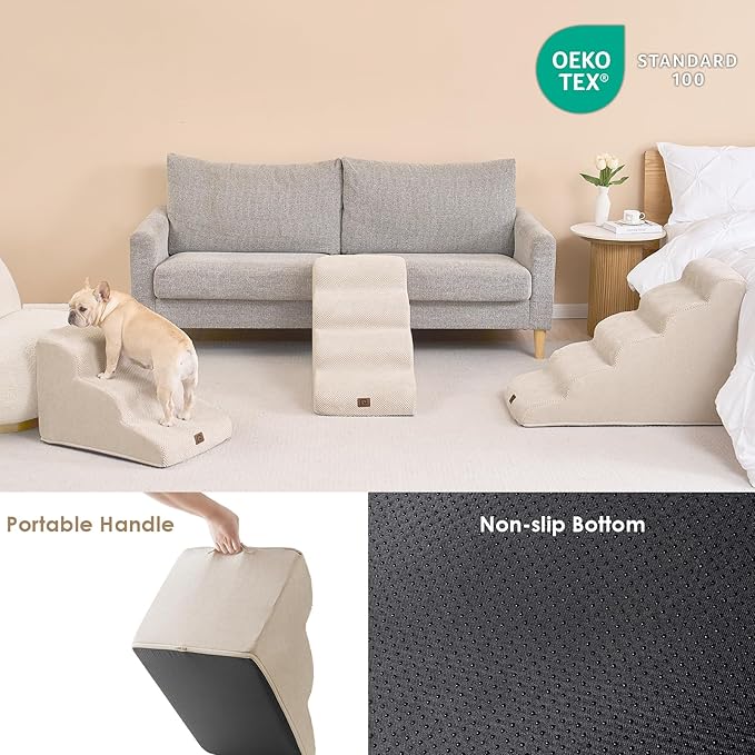 EHEYCIGA Curved Dog Stairs for High Beds 22.6" H, 5-Step Dog Steps for Small Dogs and Cats, Pet Stairs for High Bed Climbing, Non-Slip Balanced Pet Step Indoor, Beige