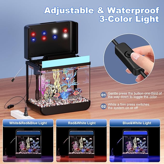 Fish Tank Aquarium 2.2 Gallon with Adjustable 3 Color Light Bead Self Cleaning 3 in 1 Pump with Filteration, Oxygenation, Water Circulation Triple Function, HD Heat Bending Glass, Leak-Proof Base