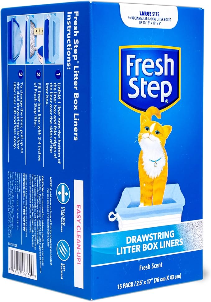 Fresh Step Drawstring Cat Litter Box Liners, Fresh Scent, Size Large, 30" x 17" | Kitty Litter Bags - Cat Litter Liners for Rectangle or Oval Litterboxes, 15 Count - 12 Pack