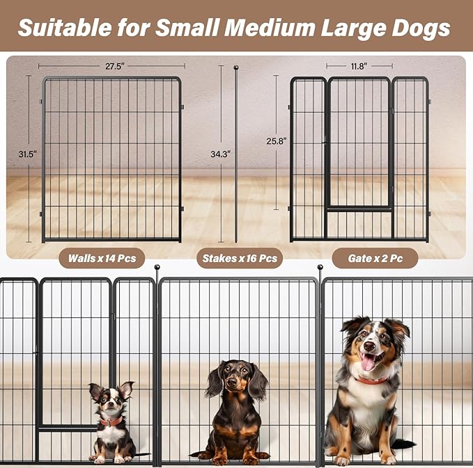 Simple Deluxe Dog Playpen, 32" Height 16 Panels Fence with Anti-Rust Coating, Metal Heavy Portable Foldable Dog Pen for Small/Medium/Large Dogs RV Camping, Black