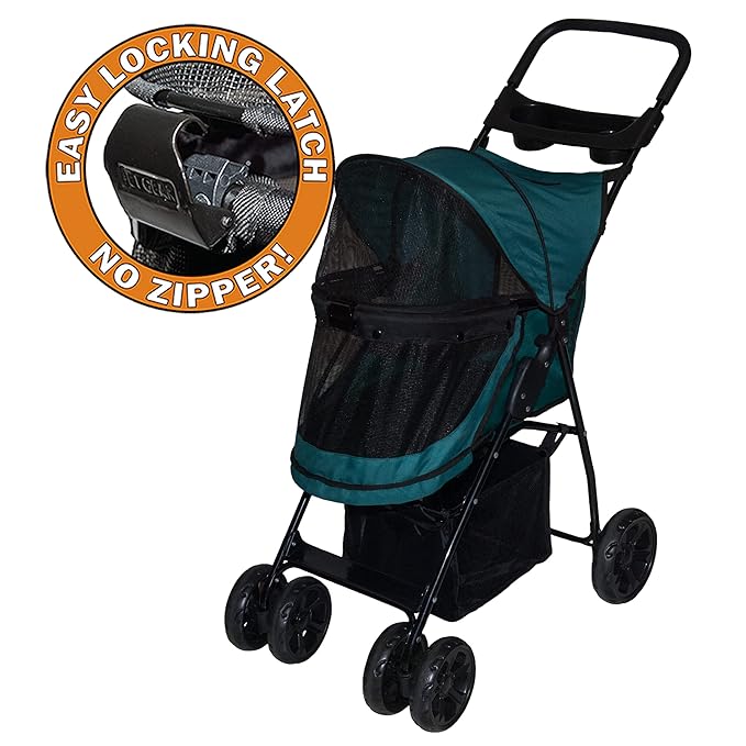 Pet Gear No-Zip Happy Trails Lite Pet Stroller for Cats/Dogs, Zipperless Entry, Easy Fold with Removable Liner, Safety Tether, Storage Basket + Cup Holder, 4 Colors