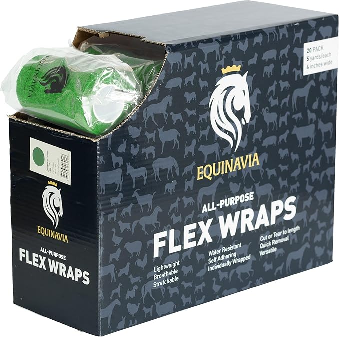 Equinavia 20 Pack Self Adhesive 4 Inch Vet Wraps with Easy-Dispenser Case | Bandages for Horses, Pets, Sports, Tattoo - Black - 20 x 5 yd - Neon Green - 20 x 5 yd