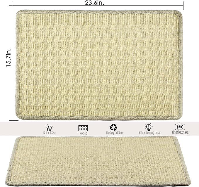 Cat Scratcher Mat, 23.6x15.7” Natural Sisal Scratching Mat with Velcro Tape,Stick on Floor and Wall Cat Scratch Pad Rug, Horizontal Cat Scratch Mat Protect Carpet and Sofa (Natural Color)
