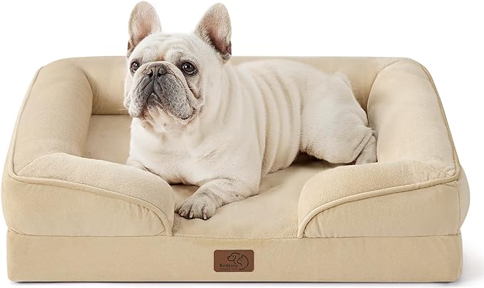 Bedsure Orthopedic Dog Bed for Medium Dogs - Waterproof Dog Sofa Beds Medium, Supportive Foam Pet Couch Bed with Removable Washable Cover, Waterproof Lining and Nonskid Bottom, Light Khaki