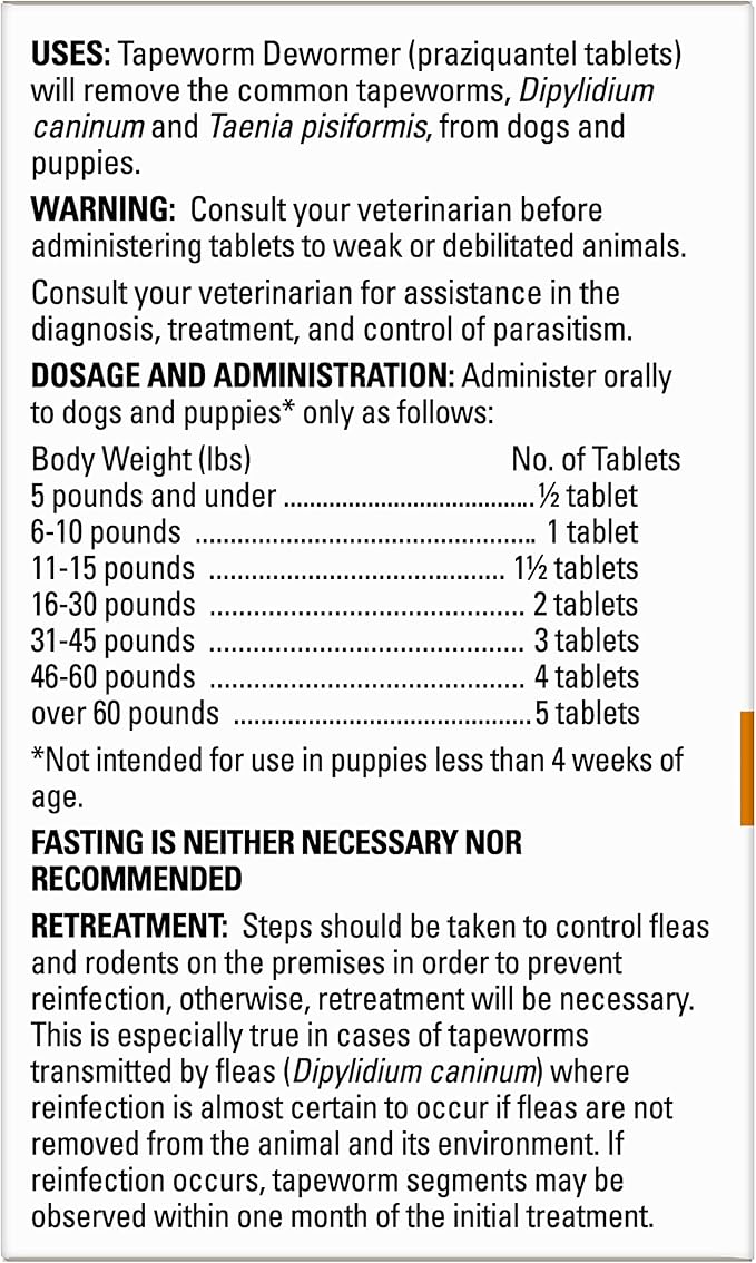 Elanco Tapeworm Dewormer (praziquantel tablets) for Dogs, 5 Count (Pack of 1) Praziquantel Tablets for Dogs and Puppies 4 Weeks and Older