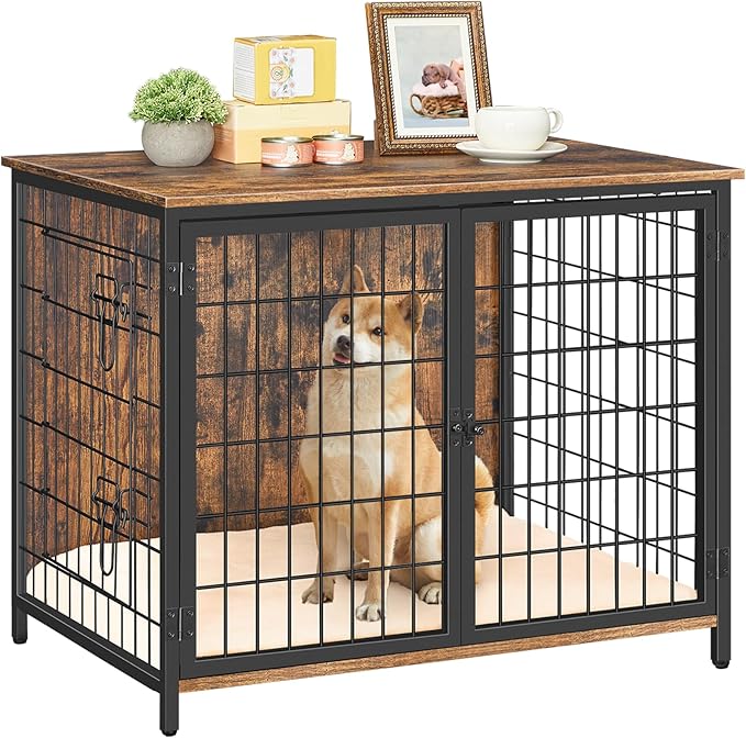 Dog Crate Furniture with Cushion, Wooden Dog Kennel with Double Doors, Heavy Duty Dog Cage for Small/Medium/Large Dogs, Indoor Dog House End Table, 31.5" L, Rustic Brown DCHR0701Z1