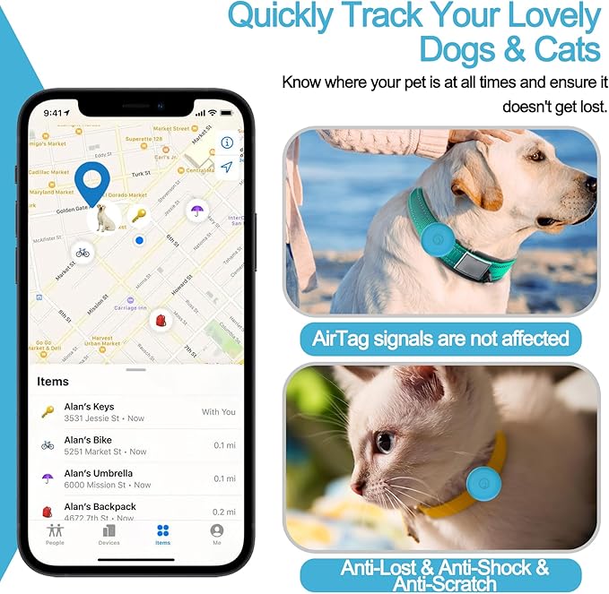 IPX8 Waterproof AirTag Dog Collar Holder, Hidden Air Tag Case for Cat Collar, Anti-Lost Silicone Cover for AirTag GPS Tracker Compatible with Pets Loop, Fits All Width Collars(Sky Blue L)