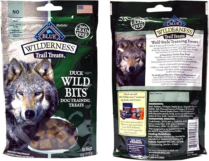 Blue Buffalo Wilderness Trail Treats Grain-Free Wild Bits Dog Treats - 3 Flavors 2 BAGS EACH FLAVOR (Salmon, Chicken, & Duck) - 4 Ounces Each (6 Total Pouches) - MADE IN USA by Blue
