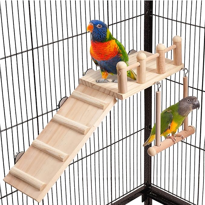 Bird Perches Platform Swing with Climbing Ladder, Parakeet Cage Accessories Wooden Playing Gyms Exercise Sturdy for Small Birds