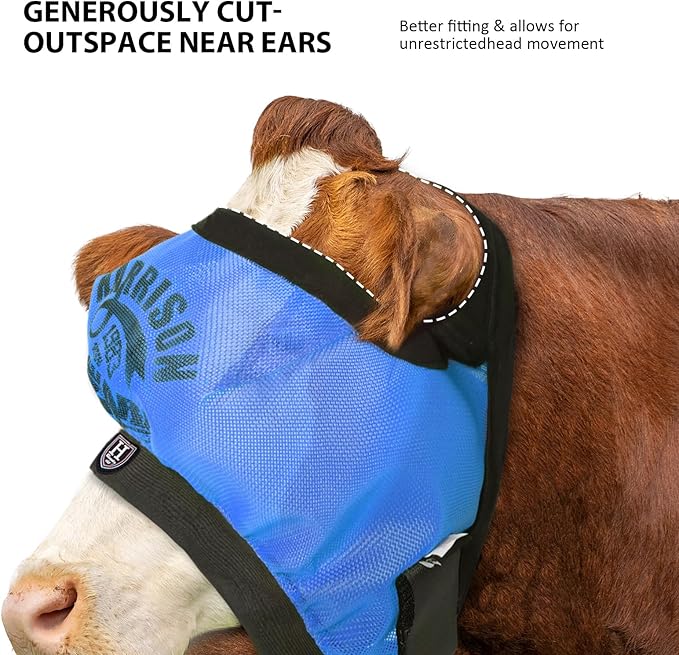 Harrison Howard Cattle Livestock Fly Mask Breathable Mesh Padded Edging with Fun Patterns Large Spacing Forelock Opening Design Adjustable Fit for Cattle Print Blue