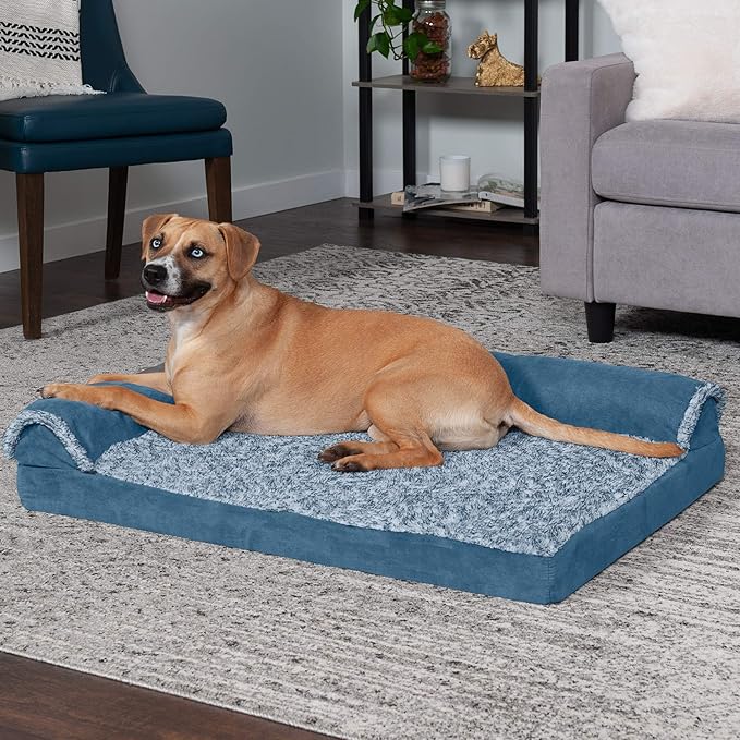 Furhaven Cooling Gel Dog Bed for Large/Medium Dogs w/ Removable Bolsters & Washable Cover, For Dogs Up to 55 lbs - Two-Tone Plush Faux Fur & Suede L Shaped Chaise - Marine Blue, Large