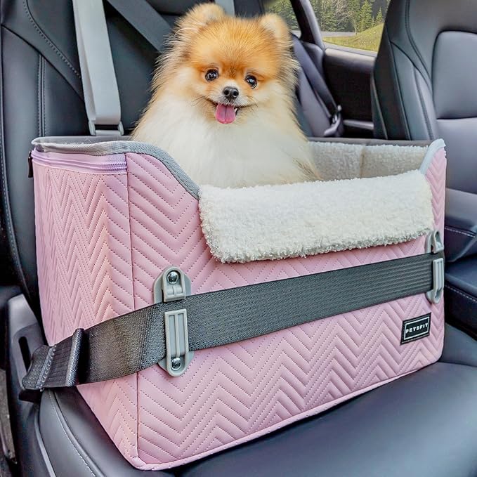 PETSFIT Dog Car Seats for Small Dogs, Portable Puppy Car Saet for Car with Clip-On Leash, Adjustable Straps Suitable for Small Pets Up to 25lbs (Light Pink)