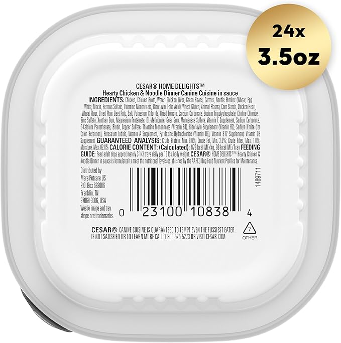 CESAR HOME DELIGHTS Adult Wet Dog Food Hearty Chicken & Noodle Dinner in Sauce, 3.5 oz. Easy Peel Trays, Pack of 24