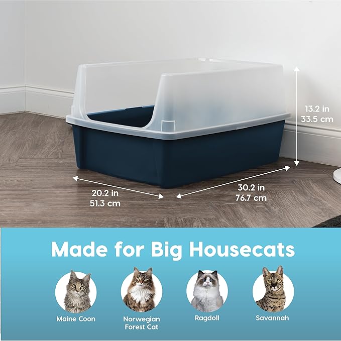 IRIS USA Extra Large Cat Litter Box with Scatter Shield, Open Top High Sided Cat Litter Pan, Navy