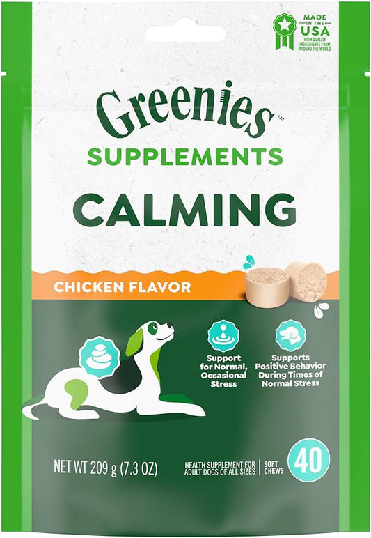 Greenies Supplements Calming Chews for Dogs Chicken Flavor, 40 Count Soft Chews Dog Calming Supplements, 7.3 oz. Container