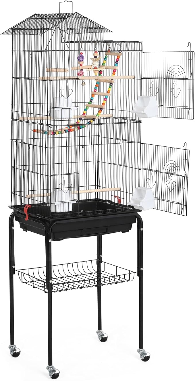 Yaheetech Bird Cage 64-inch Play Open Top Medium Small Parrot Parakeet Bird Cages with Detachable Rolling Stand for Parrot Lovebirds Finches Parakeets Budgie Parrotlet Conures, Pet Flight Birdcage