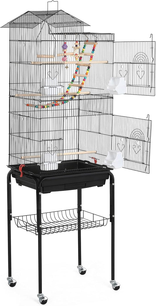 Yaheetech Bird Cage 64-inch Play Open Top Medium Small Parrot Parakeet Bird Cages with Detachable Rolling Stand for Parrot Lovebirds Finches Parakeets Budgie Parrotlet Conures, Pet Flight Birdcage