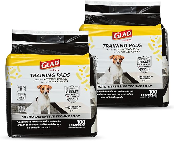 Glad for Pets Activated Carbon Puppy Training Pads with Anti-Microbial Technology, 23"x23" | Ultra Absorbent, Odor Control, Heavy Duty Puppy Potty Training Pads, 100ct - 2 Pack