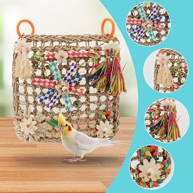 Hypeety Bird Toys Parrot Foraging Toys Bird Chew Toys Parakeet Shredding Seagrass Climbing Mat with Various Toys for Conure, Cockatiel, Lovebird, Parakeet, Budgie (L(Carrot))