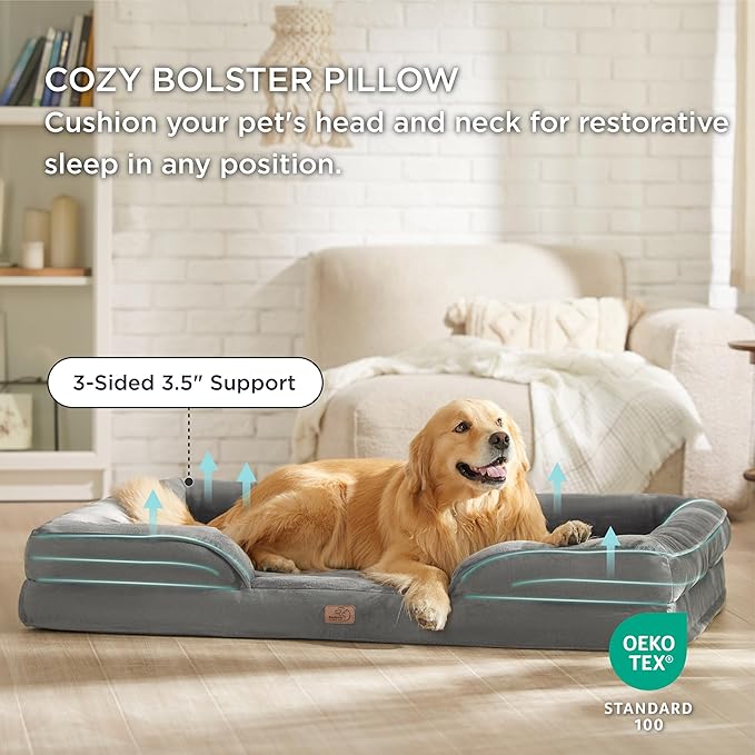 Bedsure Orthopedic Dog Bed for Extra Large Dogs - XL Plus Waterproof Dog Sofa Beds, Supportive Foam Pet Couch Bed with Removable Washable Cover, Waterproof Lining and Nonskid Bottom, Grey