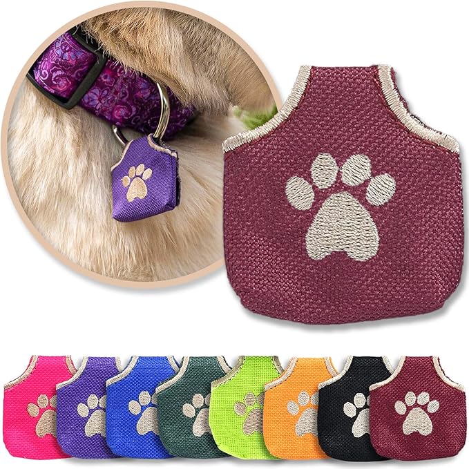 Dog Tag Silencer, Burgundy Pawprint - Quiet Noisy Pet Tags - Fits Up to Four Pet IDs - Dog Tag Cover Protects Metal Pet IDs, Made of Durable Nylon, Universal Fit, Machine Washable