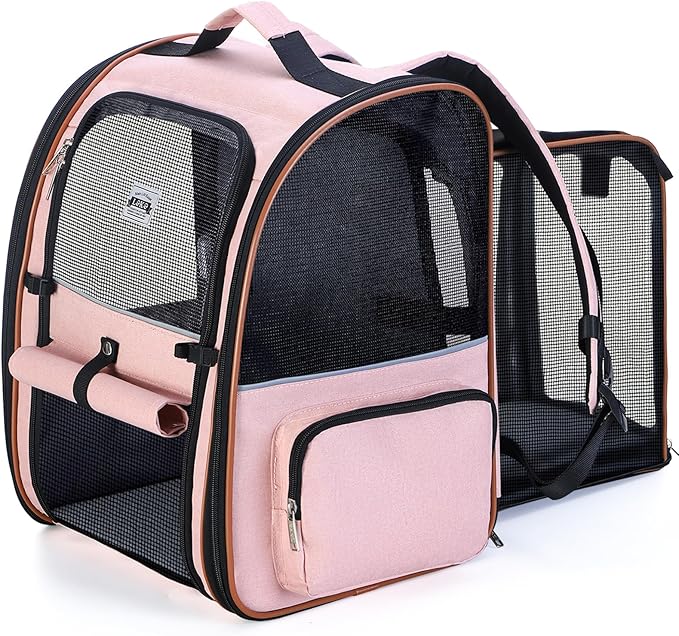 Lekebobor Extra Large Cat Backpack Carrier Expandable Pet Carrier Backpack for Small Dogs Medium Cats Fit Up to 18 Lbs, Dog Backpack Carrier, Foldable Puppy Backpack Carrier for Travel, Hiking,Pink