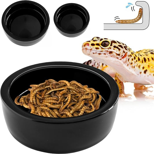 Reptile Food Dish Bowl - Anti-Escape Ceramic Worm Water Dish Feeder for Mealworm, Superworm, Dubia Roaches, Lizard, Leopard Gecko, Bearded Dragon, Chameleon, Skink, Tegu, Snake (Large, Black)
