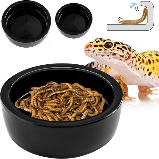 Reptile Food Dish Bowl - Anti-Escape Ceramic Worm Water Dish Feeder for Mealworm, Superworm, Dubia Roaches, Lizard, Leopard Gecko, Bearded Dragon, Chameleon, Skink, Tegu, Snake (Medium, Black)