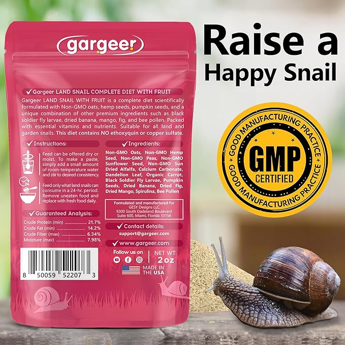 2oz Land Snail Complete Diet with Fruit. Nutritious, Balanced, Non-Gmo, No Ethoxyquin or Copper Sulfate Food Option. Enriched with dried banana, mango, and bee pollen. Proudly Made in The USA