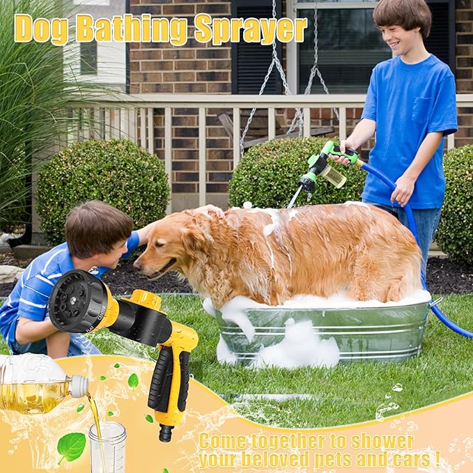 Pup Dog Jet Wash, 8-Way Spray Pattern Dog Washing Hose Attachment with Soap Dispenser, Pet Bath Brush, Garden Hose Nozzle Sprayer for Watering Plants, Lawn, Patio, Car Wash, Showering Pet Outdoor