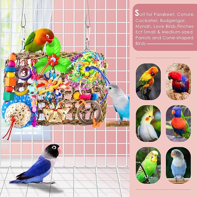 KATUMO Parrot Toys, Large-Sized Bird Shredder Wall Mat Parakeet Foraging Hanging Toys Conure Climb Toy Cockatiel Sola Ball Toys for Small-Medium Birds