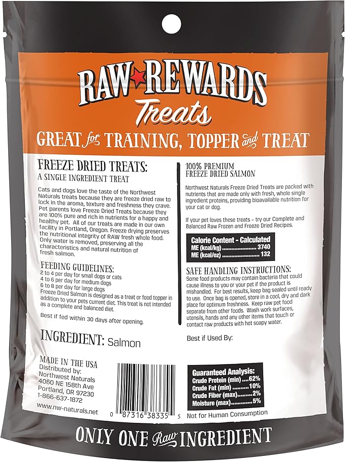 Northwest Naturals Raw Rewards Freeze-Dried Salmon Treats for Dogs and Cats - Bite-Sized Pieces - Healthy, 1 Ingredient, Human Grade Pet Food, All Natural - 2.5 Oz (Packaging May Vary)