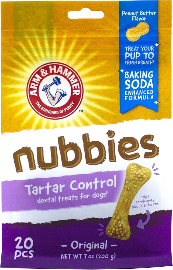 Arm & Hammer for Pets Nubbies Dental Treats for Dogs | Dental Chews Fight Bad Breath, Plaque & Tartar Without Brushing | Peanut Butter Flavor, 20 Count - 4 Pack Dental Dog Chews