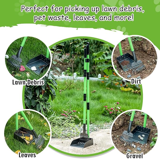 Pooper Scooper, Dog Pooper Scooper Long Handle Stainless Metal Tray and Rake Set for Medium Small Dogs Heavy Duty - Use on Grass, Dirt or Gravel - Pet Supplies (Green)