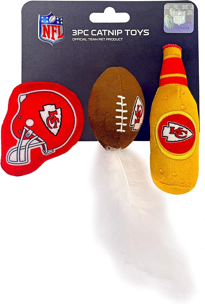 BEST PLUSH CAT TOY - NFL KANSAS CITY CHIEFS Complete Set of 3 piece Cat Toys filled with Fresh Catnip. Incld: 1 Helmet Cat Toy, 1 Football Cat Toy with Feathers, & 1 Beer Bottle. Beautiful Team LOGOS