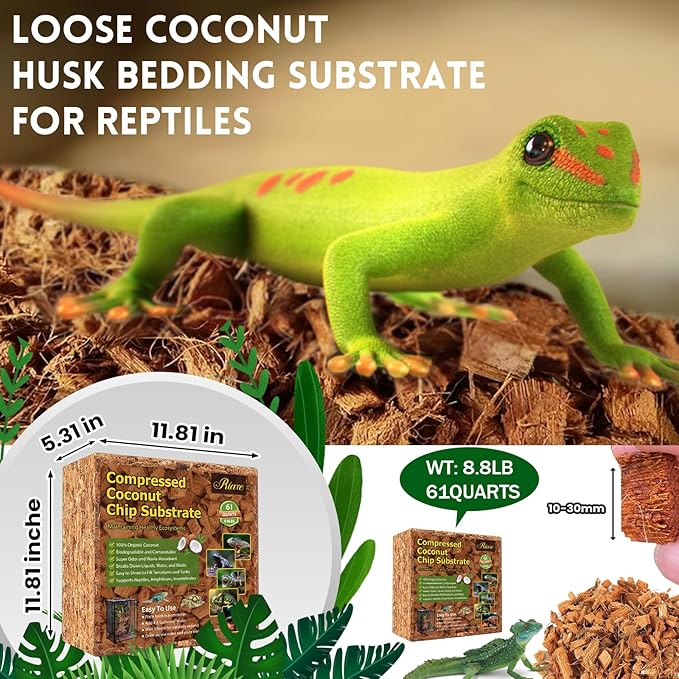 Coconut Chip Substrate for Reptile 60 Quart Natural Loose Coco Husk Chip Reptile Substrate Bedding for Snakes, Lizards, Gekos, Toad, Tortoise, Ball Pythons, Frogs, Amphibians Terrarium Tanks