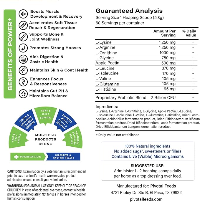 Power+ Horse Supplement (348g/0.77lbs - 60 Servings) - 9 Equine Amino Acids Plus Probiotics for Horses - No Added Sugar, No Soy, No Fillers - Horse Joint Support Supplement