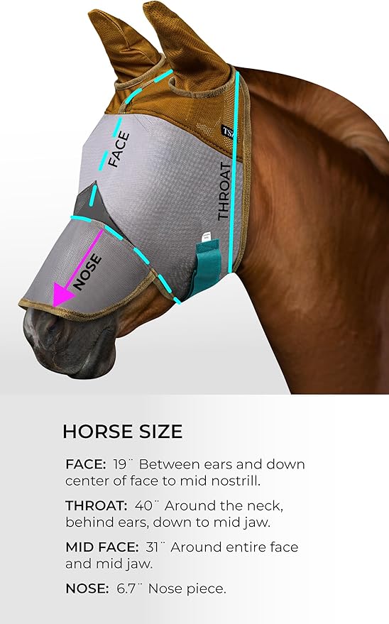 Horse Fly Mask with Ears and Nose – Fly Masks with Nose Ears Cover - Non-Heat Transferring Mesh – 70% Uv Protection - Breathable Equine Fly Mask – Full Size Horses – Soft and Comfortable Face Flymask